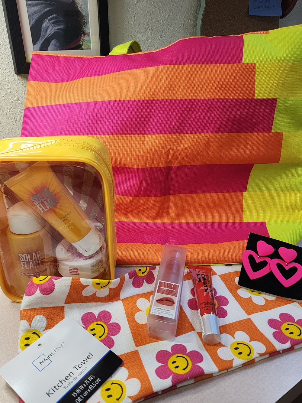 Donald X Clinique Tote, Hand Towel, Solar Flare Set, Lip Gloss, Blush, Earrings